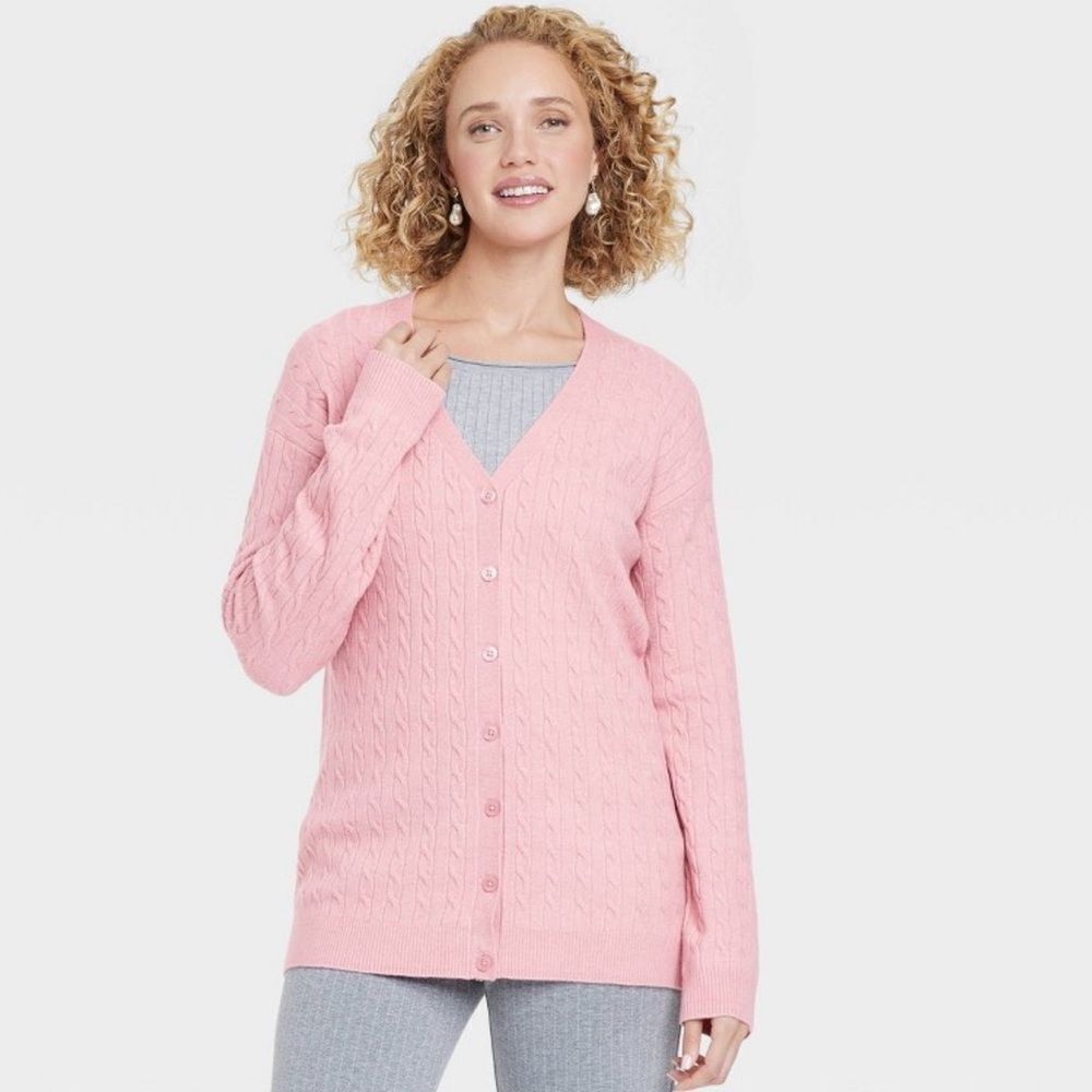 a new day XS-XL Pink Cable Knit Button Front Oversized Tunic Length Cardigan